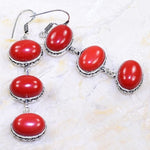 Handmade Red Coral Oval Gemstones .925 Sterling Silver Long Drop Dangle Earrings