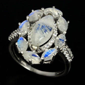 Deluxe Natural Blue Schiller Moonstone, White Cubic Zirconia Solid .925 Silver Ring Size 8 or Q