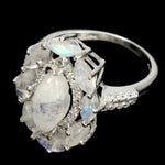 Deluxe Natural Blue Schiller Moonstone, White Cubic Zirconia Solid .925 Silver Ring Size 8 or Q