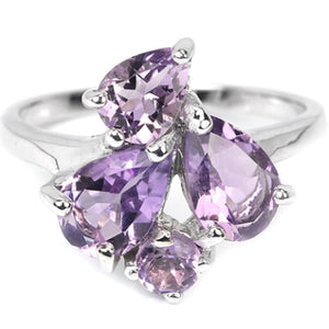 Natural Purple Amethyst Pear and Round Solid .925 Silver 14K White Gold Ring Size 8 or Q - BELLADONNA