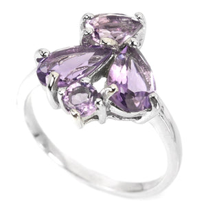 Natural Purple Amethyst Pear and Round Solid .925 Silver 14K White Gold Ring Size 8 or Q - BELLADONNA