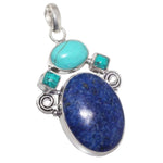 Natural Lapis Lazuli Oval and Turquoise Gemstone .925 Silver Pendant