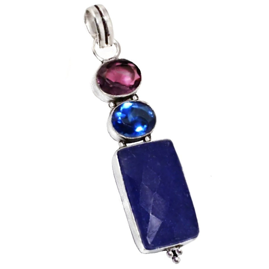 Handmade Natural Indian Sapphire, Purple Amethyst Kyanite Quartz Gemstone .925 Silver Pendant