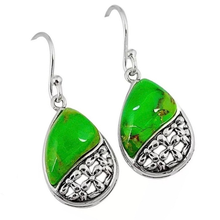 6.14 ct Natural Arizona Copper Green Turquoise Earrings Solid .925 Sterling Silver