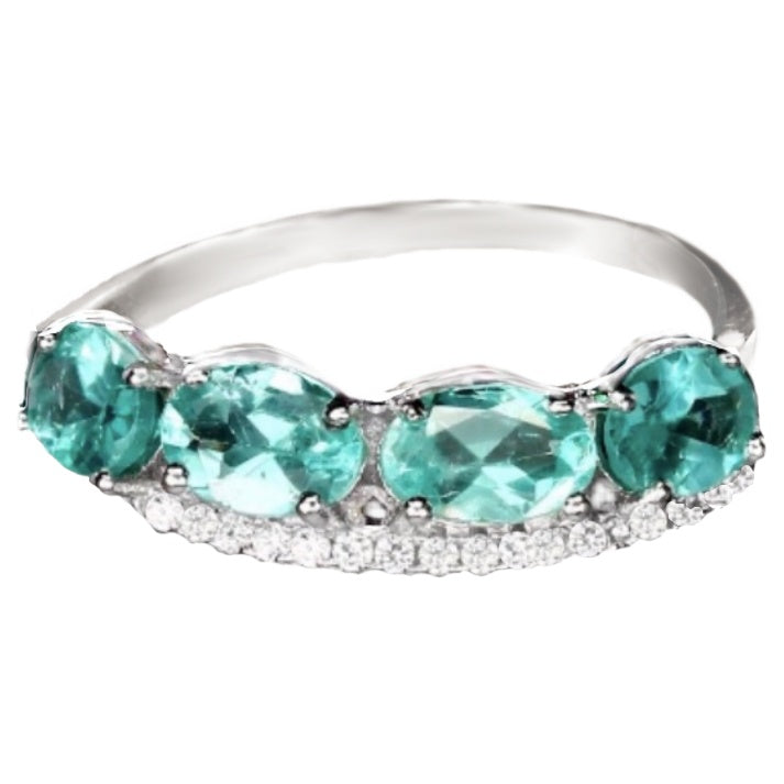 Natural Neon Blue Apatite White Cubic Zirconia Solid .925 Silver Fine Ring Size US 9