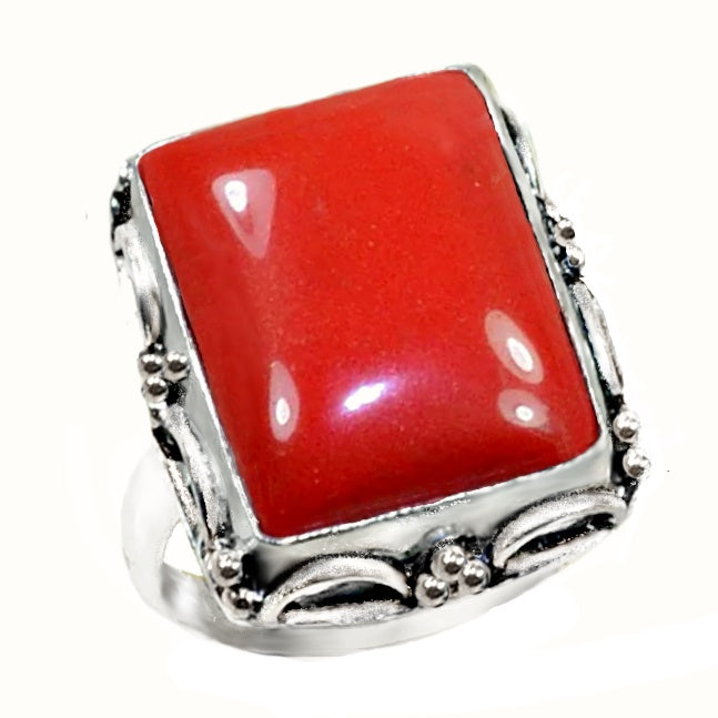 Handmade Antique Style Red Coral Gemstone .925 Sterling Silver Ring Size US 10 or T