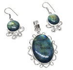 Antique Style Natural Blue Fire Labradorite .925 Sterling Silver Pendant and Earrings Set