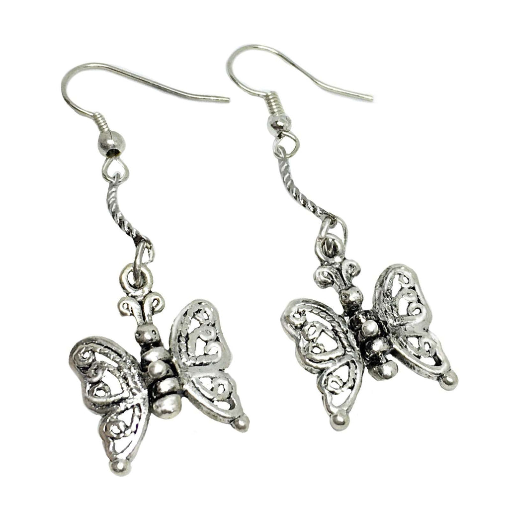 Dainty Handmade Ornate Butterfly Drop Dangle Silver Plated Earrings
