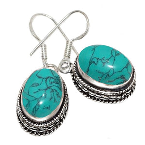 Antique Style Spider Web Matrix Turquoise Gemstone .925 Sterling Silver Earrings