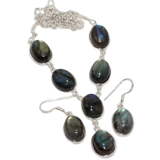 Natural Labradorite Gemstone 925 Silver Necklace &  Earrings Set