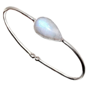 Natural Rainbow Moonstone Pear Gemstone Adjustable .925 Silver Bangle - BELLADONNA
