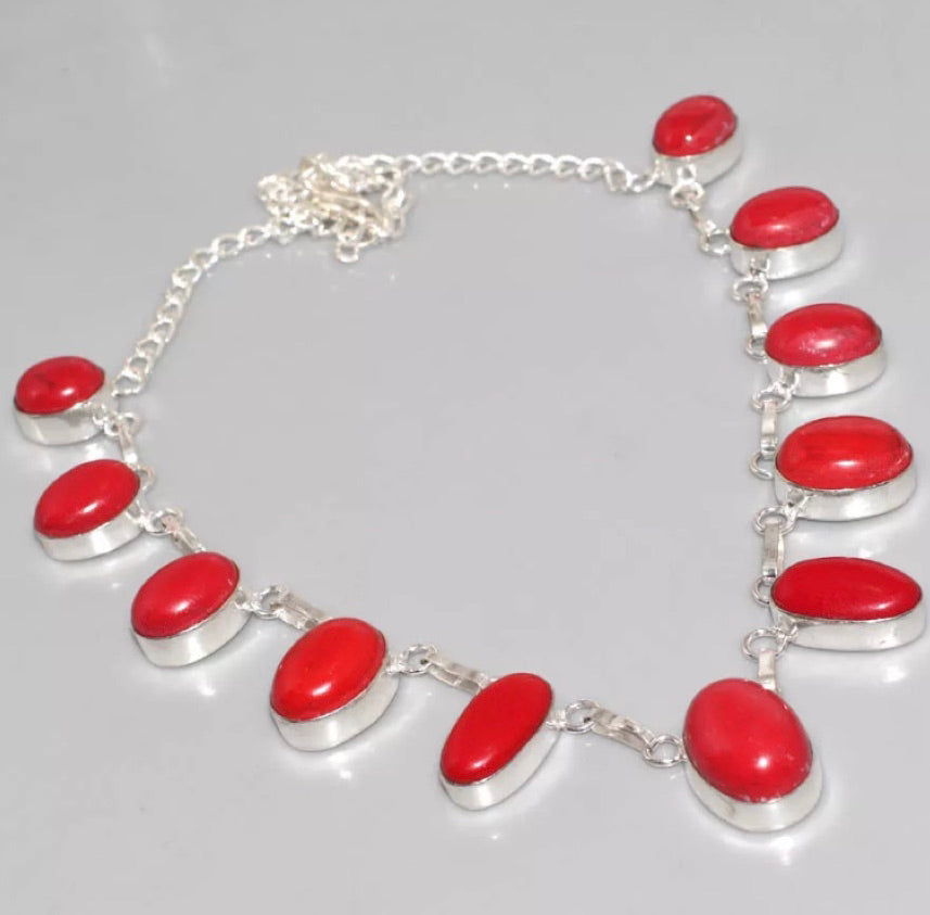 Handmade Elegant Vibrant Red Coral Oval Gemstone .925 Sterling Silver Necklace