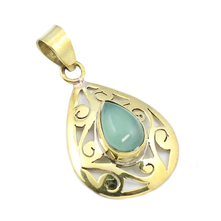NepalI Green Chalcedony Gemstone set in Solid Brass Pendant