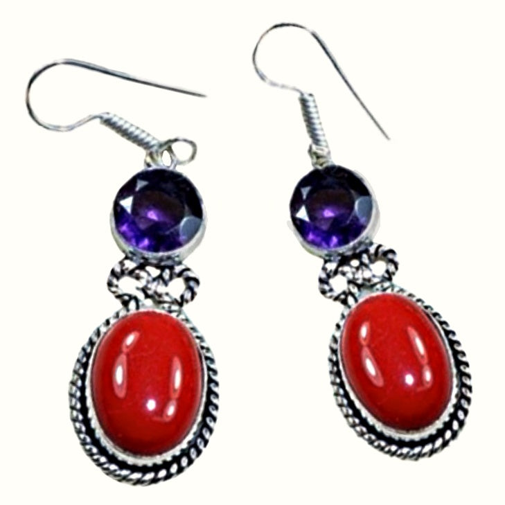Handmade Red Coral and Purple Amethyst Gemstone .925 Silver Earrings