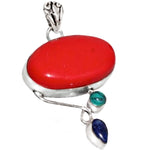 Vibrant Red Coral, Lapis Lazuli, Turquoise Gemstone .925 Silver Pendant