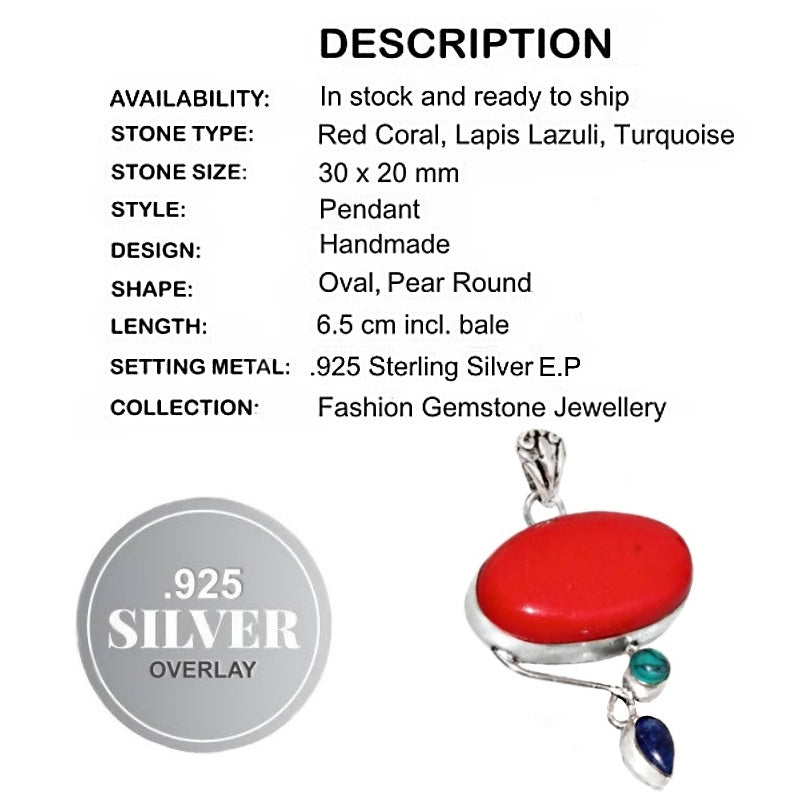 Vibrant Red Coral, Lapis Lazuli, Turquoise Gemstone .925 Silver Pendant