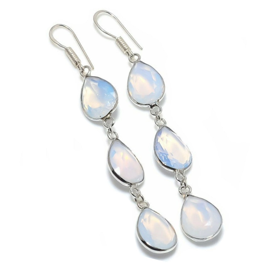Handmade Opalite Pears Gemstone .925 Sterling Silver Long Drop Dangle Earrings