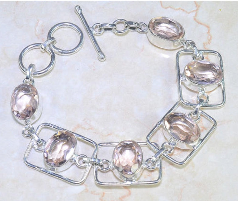 Faceted Morganite Ovals Gemstone .925 Silver Bracelet