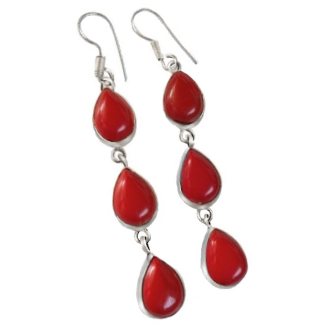 Gorgeous Long Red Coral Pear Shape Gemstone .925 Silver Earrings