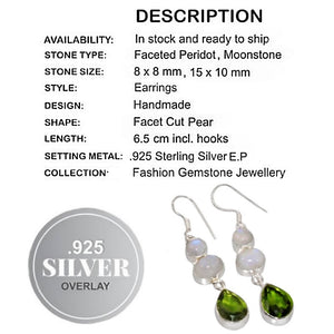 Stunning Faceted Peridot, Moonstone Gemstone .925 Sterling Silver Earrings