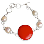 Handmade Red Coral , Pearl Gemstone 925 S /Silver Bracelet