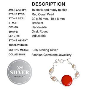 Handmade Red Coral , Pearl Gemstone 925 S /Silver Bracelet