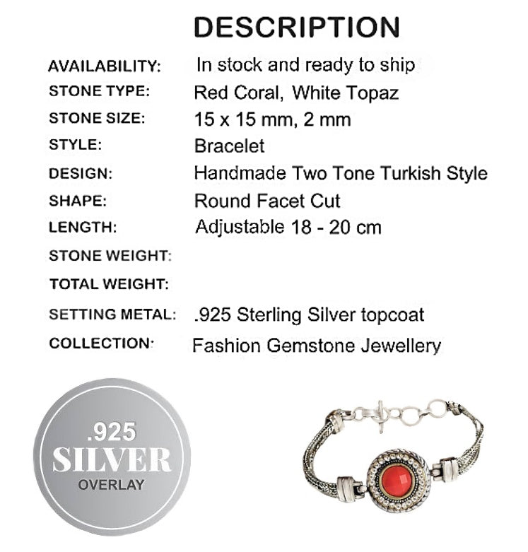 Turkish Style Red Coral, White Topaz Gemstone 925 S /Silver Bracelet