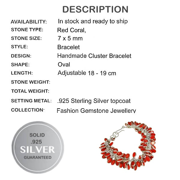 Vibrant Red Coral Gemstone .925 S/Silver Cluster Bracelet
