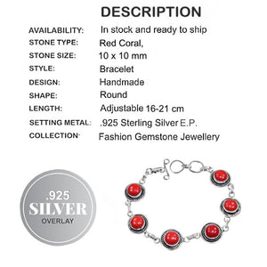 Handmade Red Coral Round Button Gemstone Antique Style .925 Sterling Silver Bracelet