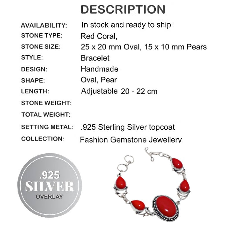 Beautiful Red Coral Gemstone .925 Silver Bracelet