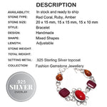 Beautiful Floral Red Coral, Ruby, Amber Gemstone .925 Silver Bracelet