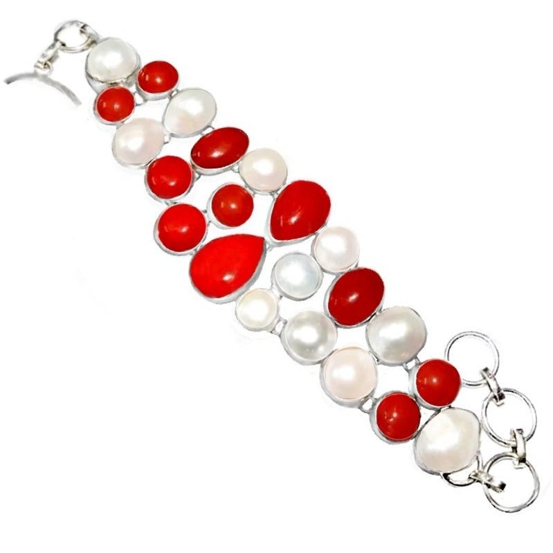 Breathtaking Red Coral Gemstone .925 Silver Bracelet