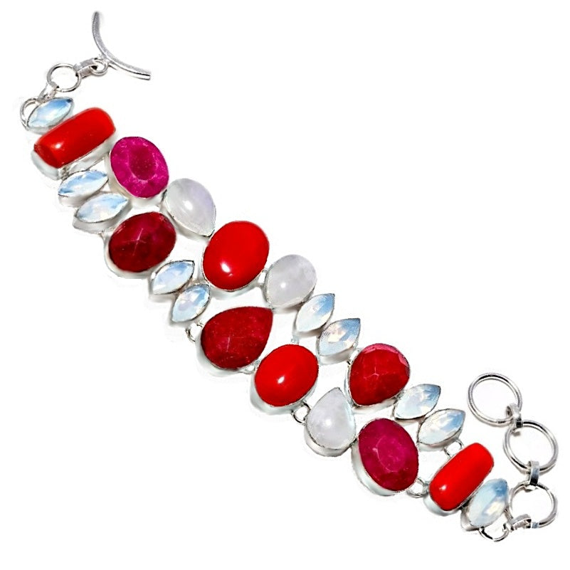 Breathtaking Red Coral,Ruby, Rainbow Moonstone, Opalite Gemstone .925 Silver Bracelet