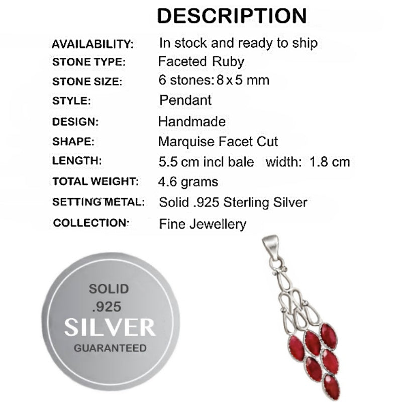 Natural Indian Marquise Ruby Solid .925 Sterling Silver Pendant