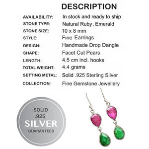 Faceted Red Ruby and Emerald Pears Gemstone Solid .925 Sterling Silver Earrings