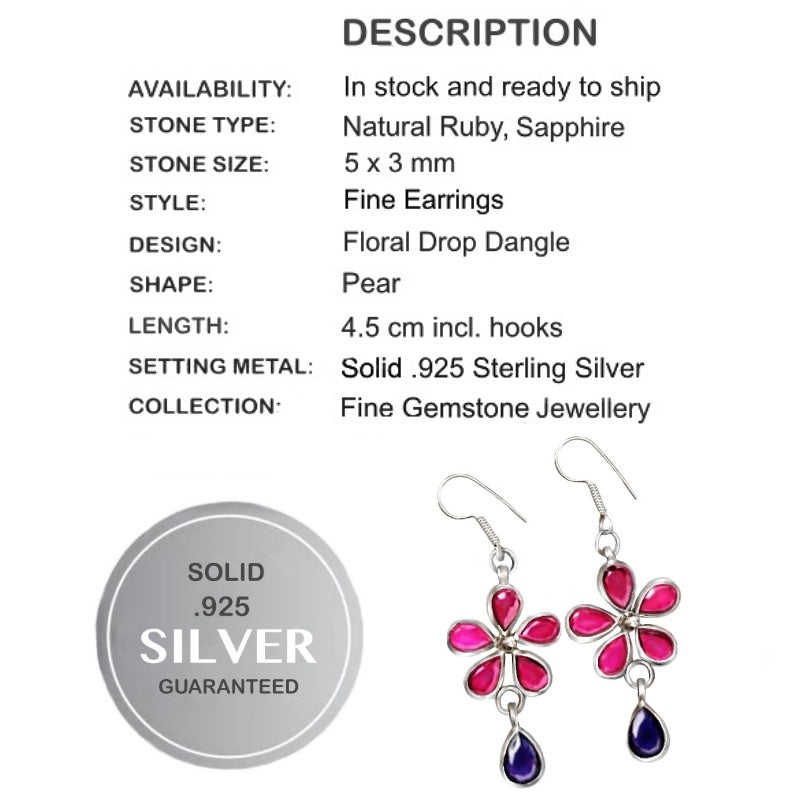 Handmade Ruby and Sapphire Gemstone Solid .925 Sterling Silver Earrings