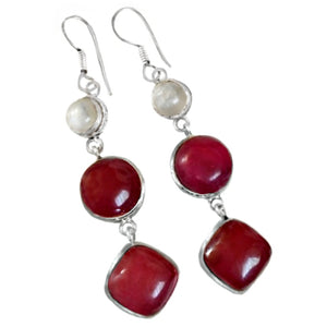 Handmade Indian Cherry Red Ruby, Moonstone Earrings Set in .925 Silver
