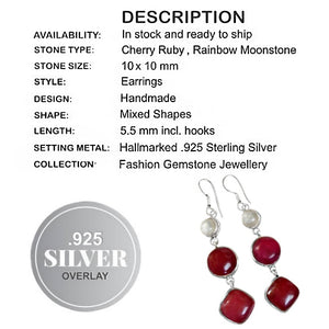 Handmade Indian Cherry Red Ruby, Moonstone Earrings Set in .925 Silver