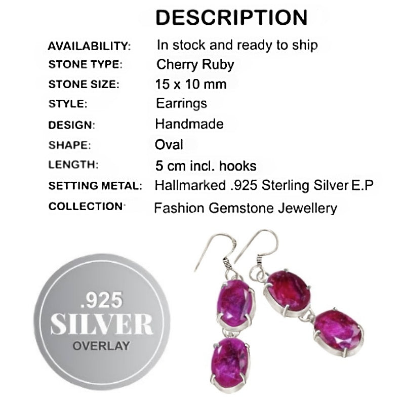 Handmade Indian Cherry Red Ruby Set in .925 Silver Plated Earrings