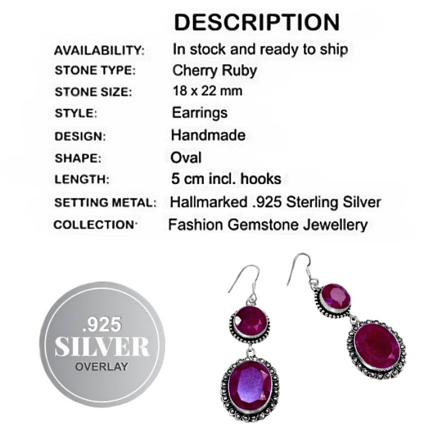 Indian Cherry Red Ruby, Earrings Set in .925 Silver
