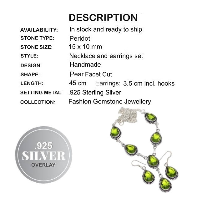 Faceted Peridot Gemstone .925 Silver Necklace & Earrings Set
