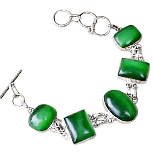 Handmade Green Cats Eye Gemstone .925 Silver Bracelet