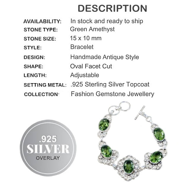 Handmade Green Amethyst Gemstone .925 Silver Bracelet