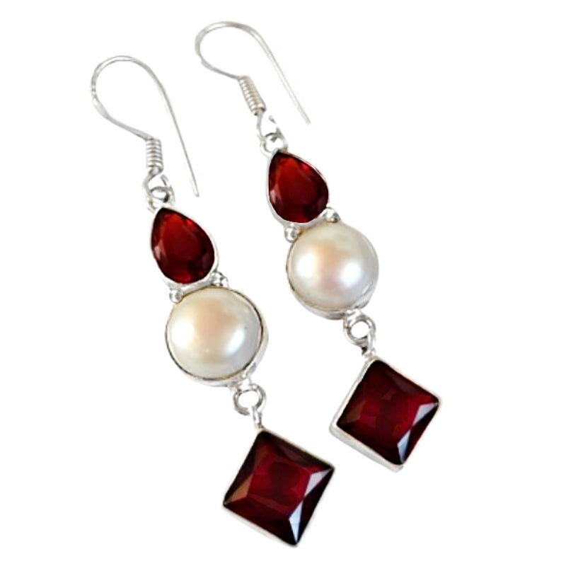Handmade Garnet, White Pearl Gemstone .925 Silver Earrings
