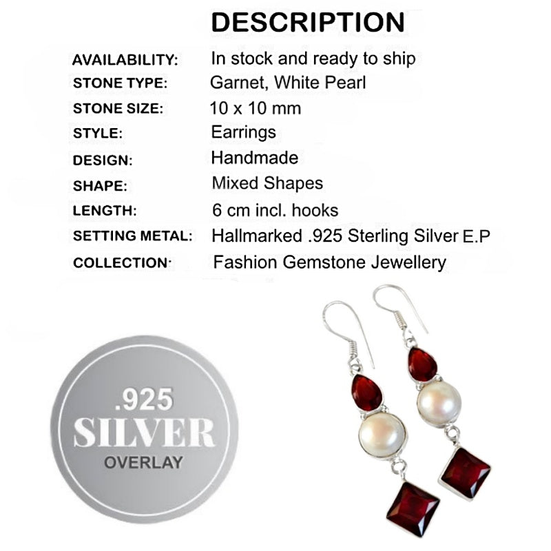 Handmade Garnet, White Pearl Gemstone .925 Silver Earrings