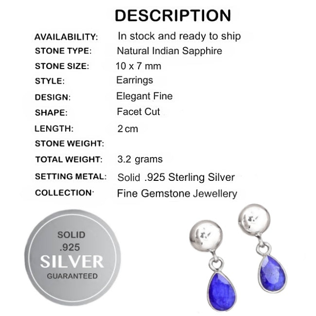 Natural Indian Blue Sapphire Gemstone Solid .925 Sterling Silver Stud Earrings