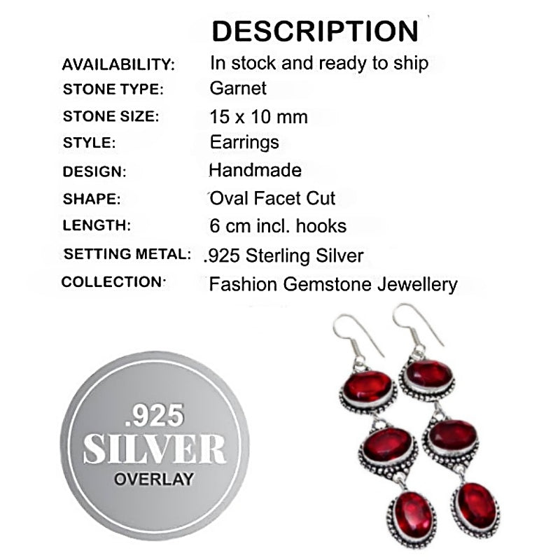 Handmade Antique Style Garnet Quartz Oval Gemstones Long .925 Silver Earrings