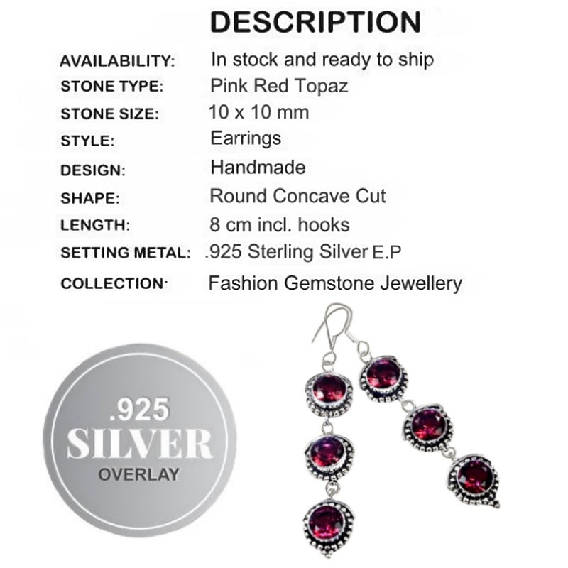Captivating Long Pink Red Topaz Gemstone .925 Silver Earrings