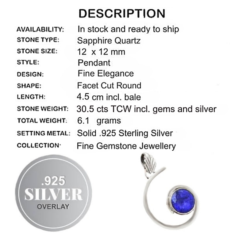 Natural Faceted Indian Sapphire Quartz Solid .925 Sterling Silver Pendant