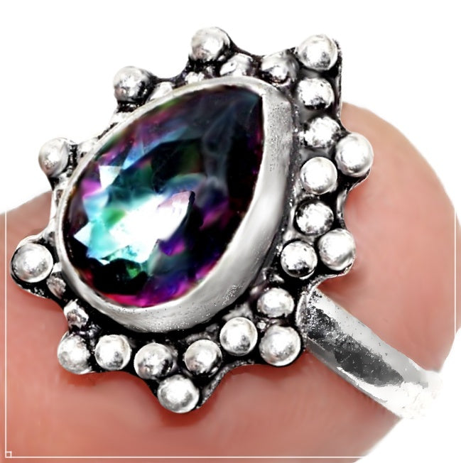 Handmade Dainty Mystic Rainbow Topaz PearGemstone Ring .925 Sterling Silver. Size 5.5 or L